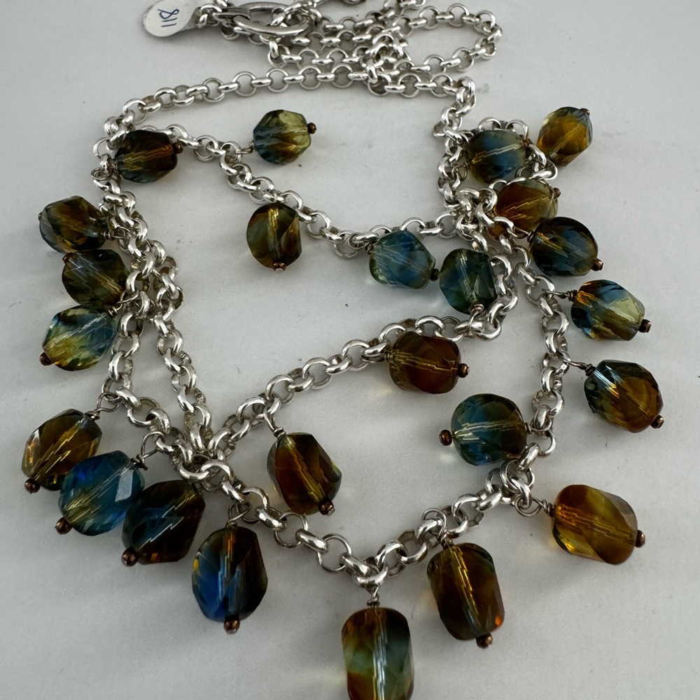 Vtg Necklace 3 strand Beaded Layered Crystal Blue Yellow Color New 90’s